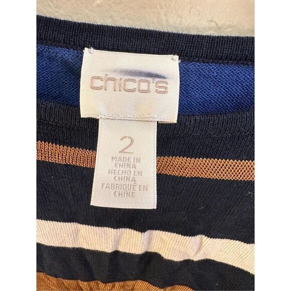 Chicos Blue and Tan Pull Over Stripe Sweater Size Medium New - Picture 3 of 6